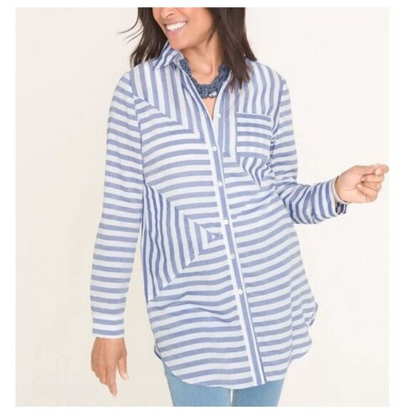 Chico’s size small Lyocell oversized chambray mixed stripes tunic - Picture 1 of 7